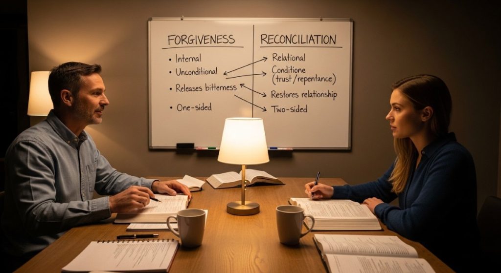 Man and woman discussing forgiveness and reconciliation at a table.