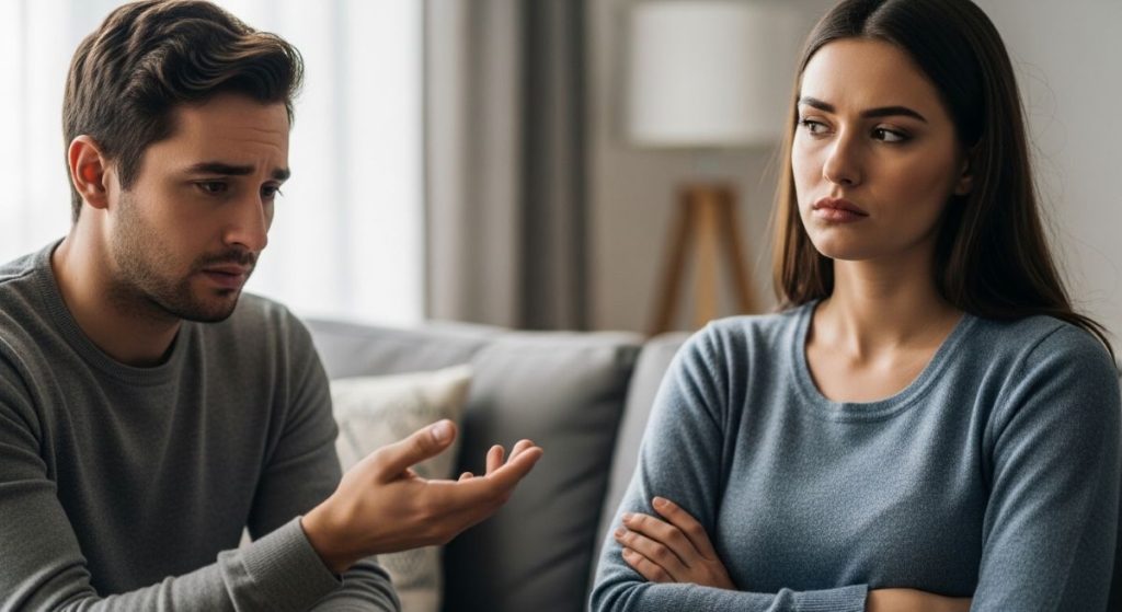 Man talks as woman listens with crossed arms.