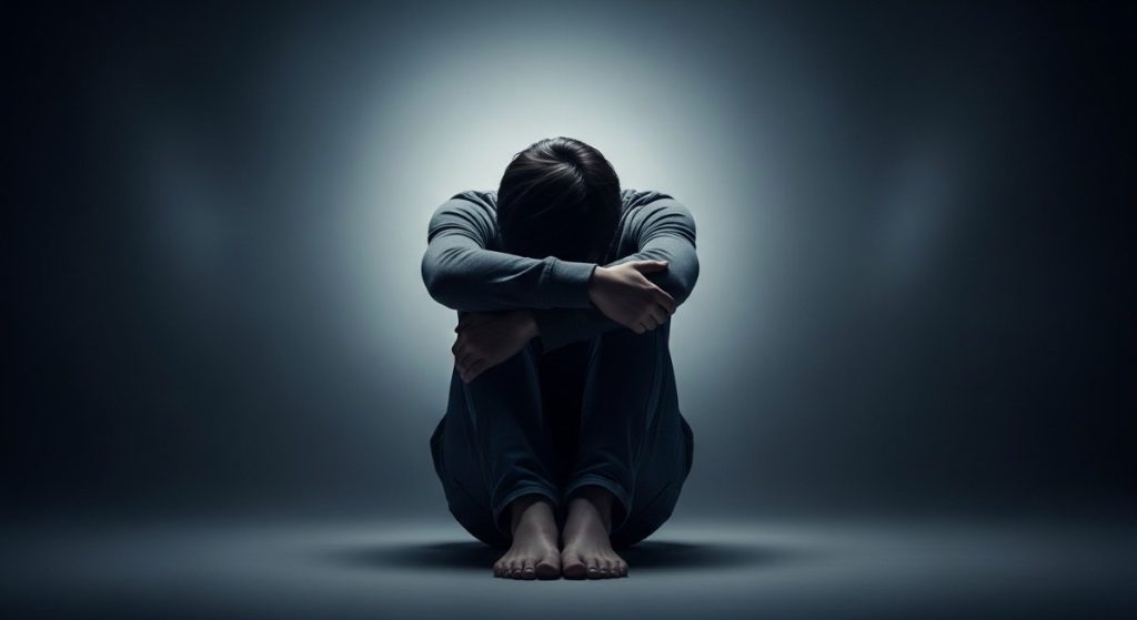 Person sitting on the floor, hugging their knees in a dark setting.