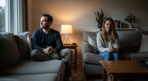Tense couple sitting apart on sofas in a dim living room.