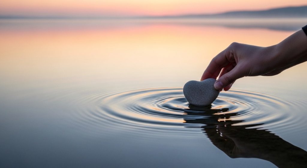 Hand placing a heart-shaped stone into calm water.