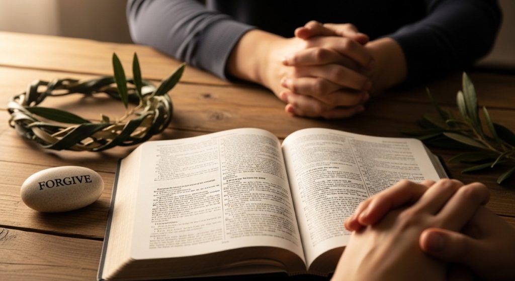 Hands in prayer beside an open Bible and a “forgive” stone.