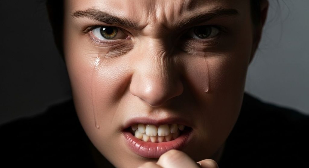 Close-up of a woman with an intense expression, tears streaming down her face.