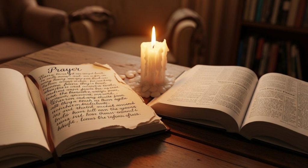 Lit candle between an open Bible and a handwritten prayer on a wooden table.