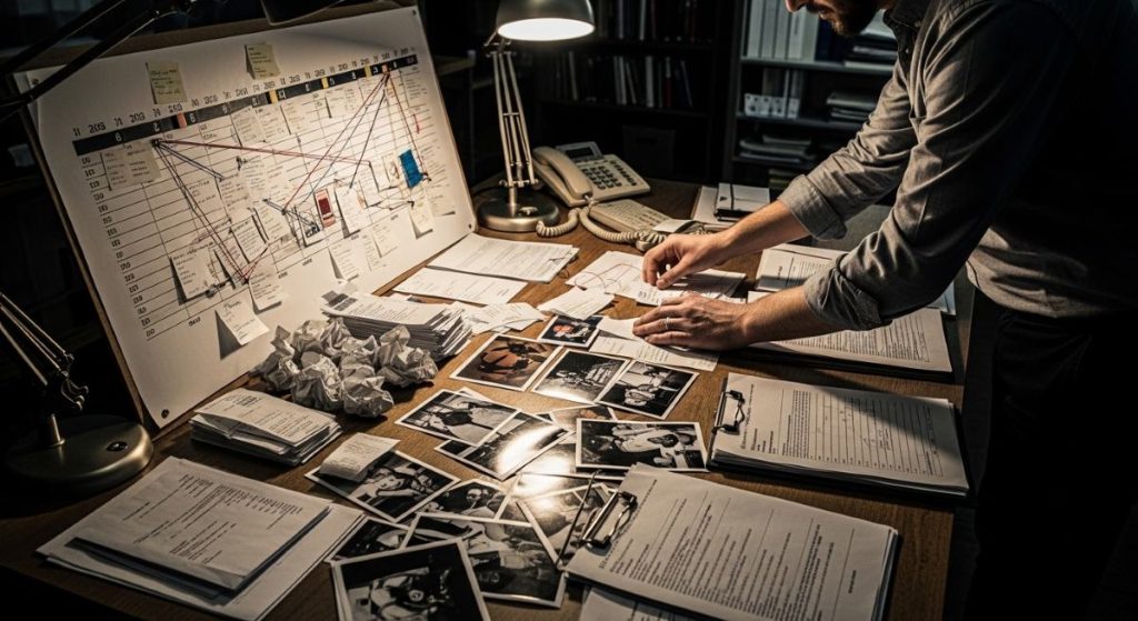 Investigator reviewing evidence, photos, and timeline board on desk.