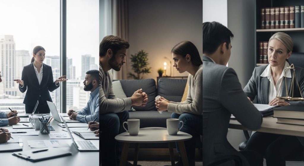 People discussing a legal issue in office and consultation settings.