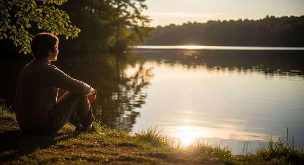 Person sitting quietly by a lakeside at sunset, reflecting in a peaceful natural setting.