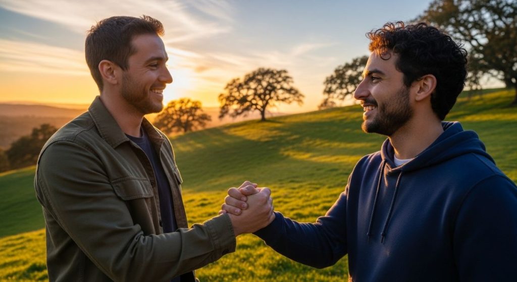 Two men smiling and shaking hands on a grassy hill at sunset.