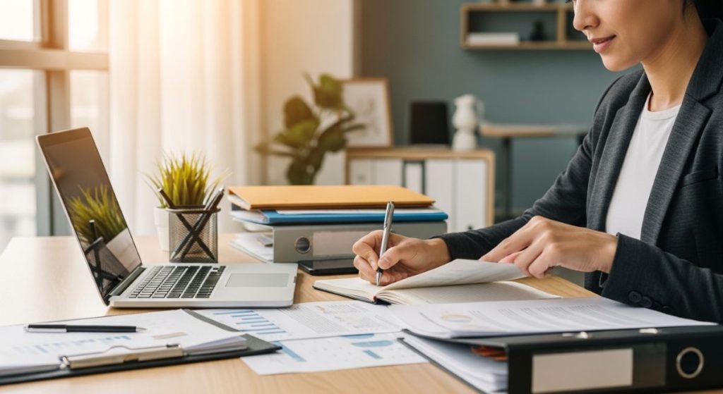 Woman reviewing documents and taking notes at office desk.