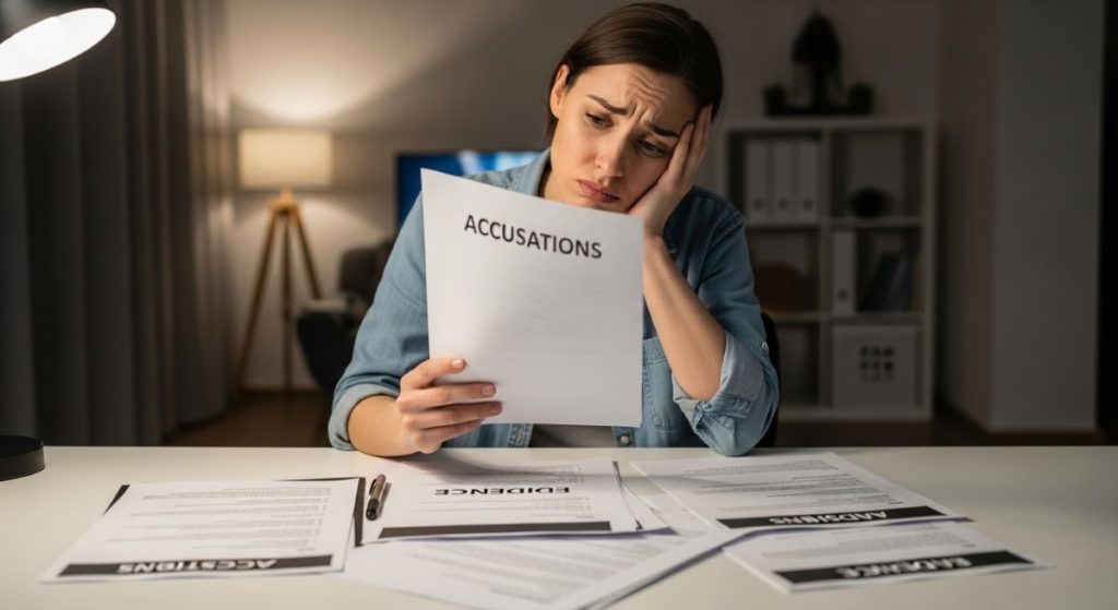 Worried woman reading an accusations document at desk with legal papers.