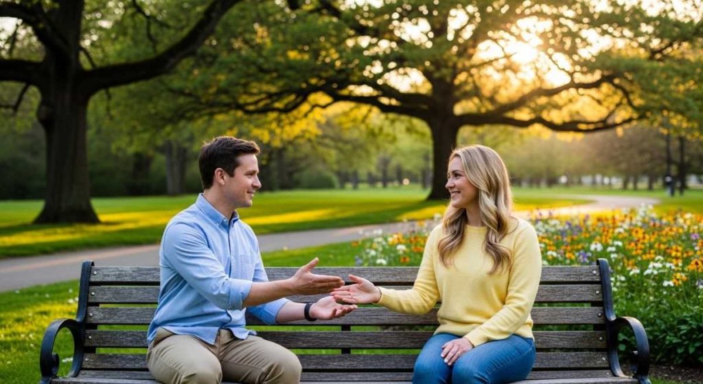 Couple shaking hands on a park bench