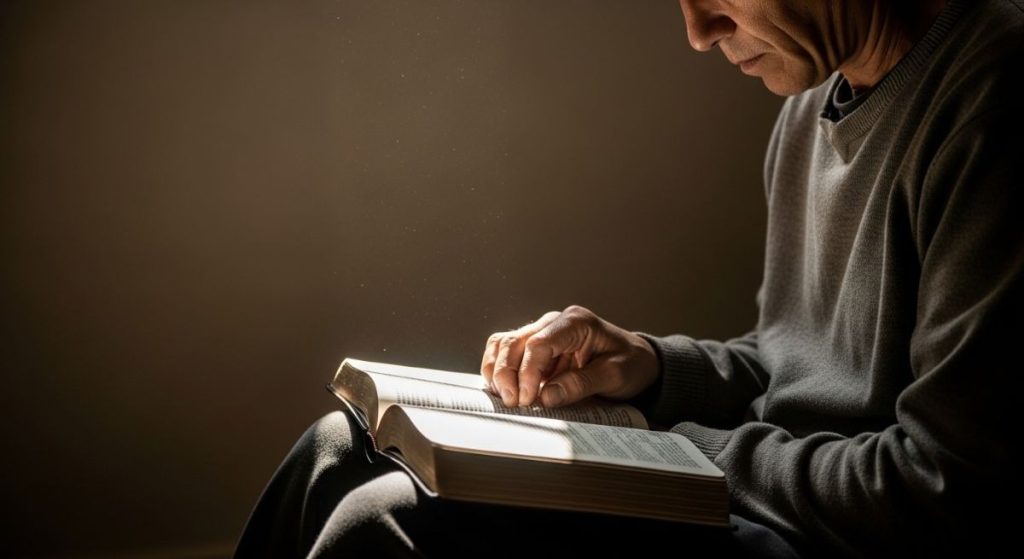 Person reading a book in a dimly lit room with light shining on the pages.